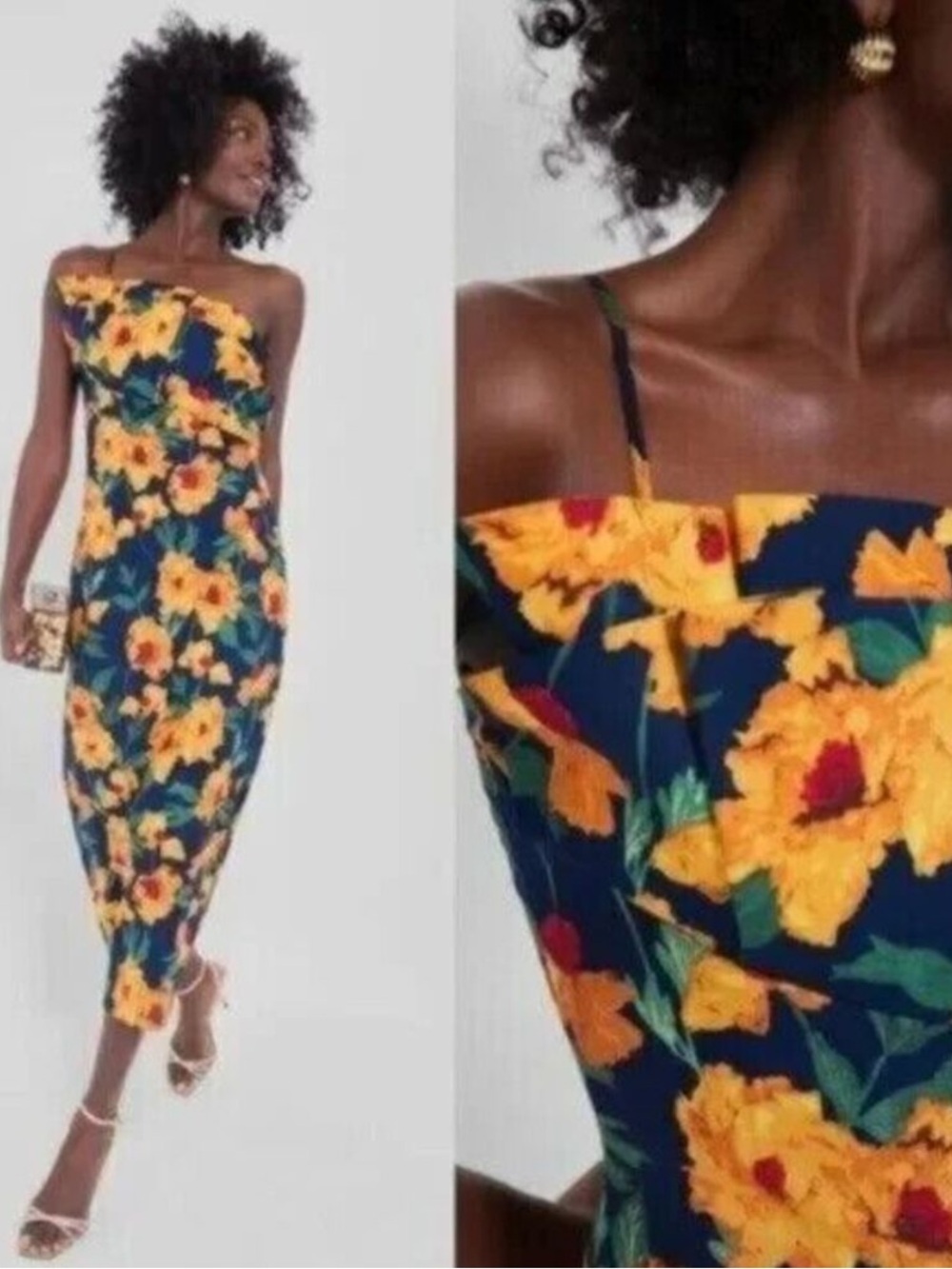 Tuckernuck Hyacinth House Dress Margot Asymmetric in Navy Marigold Floral